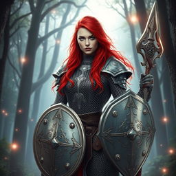 An androgynous variant human cleric with striking red hair, elegantly draped in reflective chain mail armor