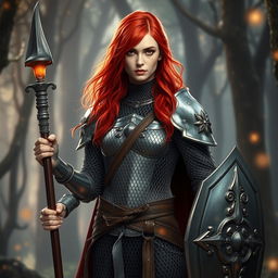 An androgynous variant human cleric with striking red hair, elegantly draped in reflective chain mail armor