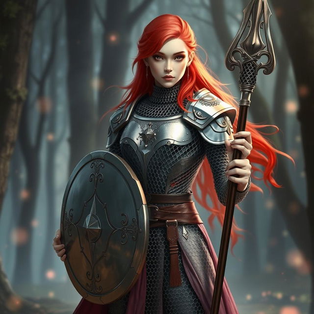 An androgynous variant human cleric with striking red hair, elegantly draped in reflective chain mail armor