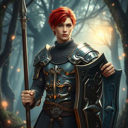 A male variant human cleric with striking red hair, styled in a way that enhances his youthful, attractive features, embodying the essence of a 'pretty boy'