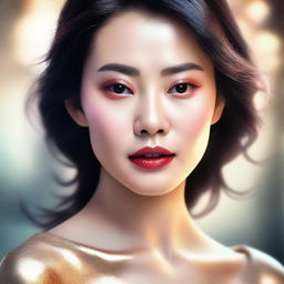 An image of a stunning Asian woman, her eyes radiating warmth and intelligence