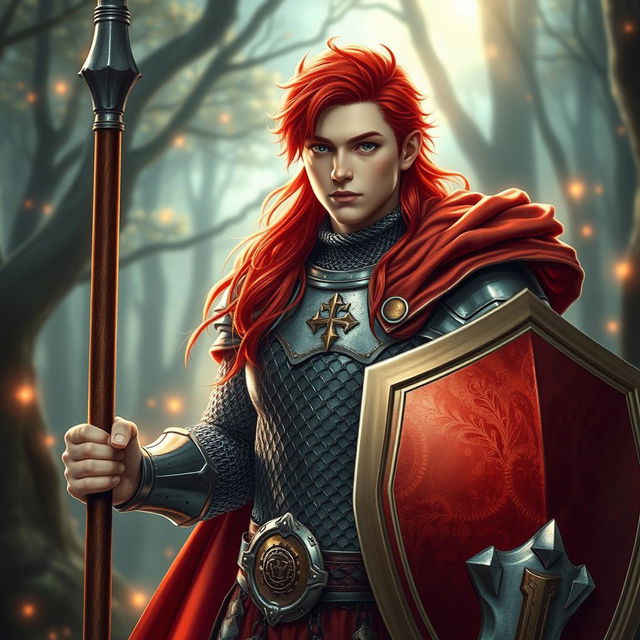 A male variant human cleric with striking red hair, styled in a way that enhances his youthful, attractive features, embodying the essence of a 'pretty boy'