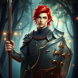 A male variant human cleric with striking red hair, styled in a way that enhances his youthful, attractive features, embodying the essence of a 'pretty boy'