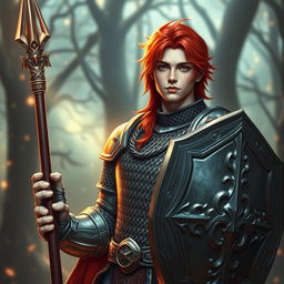 A male variant human cleric with striking red hair, styled in a way that enhances his youthful, attractive features, embodying the essence of a 'pretty boy'