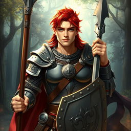 A male variant human cleric with striking red hair, moderately attractive with a confident yet approachable demeanor