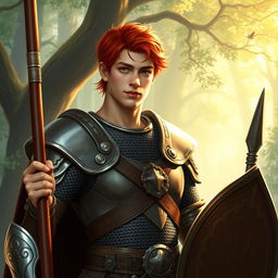 A male variant human cleric with striking red hair, moderately attractive with a confident yet approachable demeanor