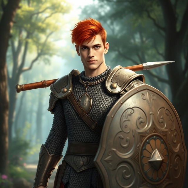 A male variant human cleric with striking red hair, moderately attractive with a confident yet approachable demeanor