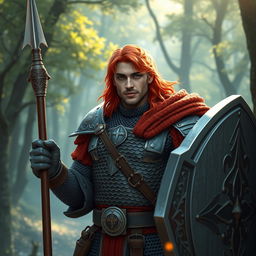 A male variant human cleric with striking red hair, moderately attractive with a confident yet approachable demeanor