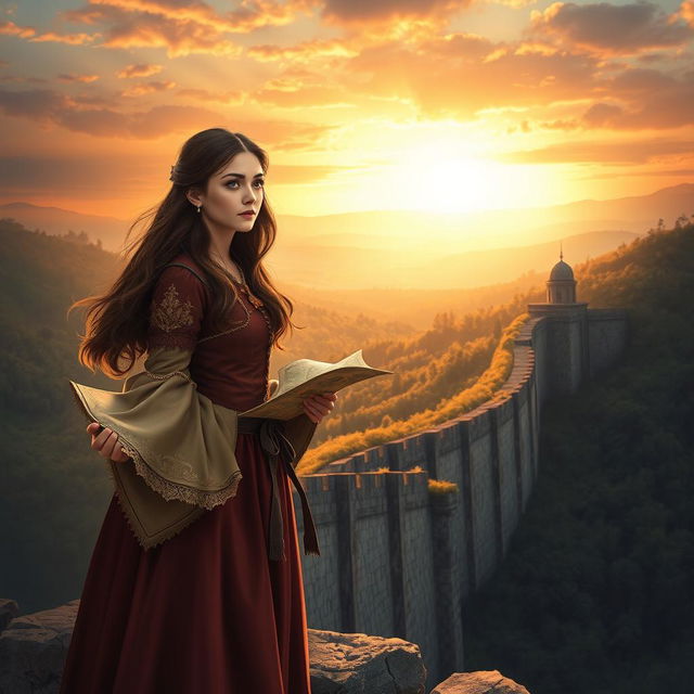 A young woman named Elizabeth stands on the edge of a grand, ancient wall that separates her kingdom from the unknown lands beyond