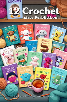 An enticing illustration of a vibrant collection of 12 crochet eBooks, each featuring unique patterns inspired by iconic characters and whimsical creations