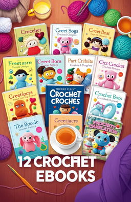 An enticing illustration of a vibrant collection of 12 crochet eBooks, each featuring unique patterns inspired by iconic characters and whimsical creations