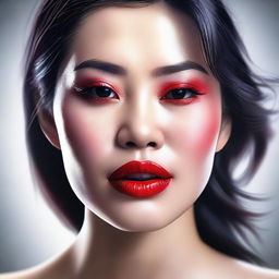 A high-quality digital art image capturing a beautiful Asian woman with full, pouty lips