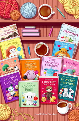 An enticing illustration of a vibrant collection of 12 crochet eBooks, each featuring unique patterns inspired by iconic characters and whimsical creations