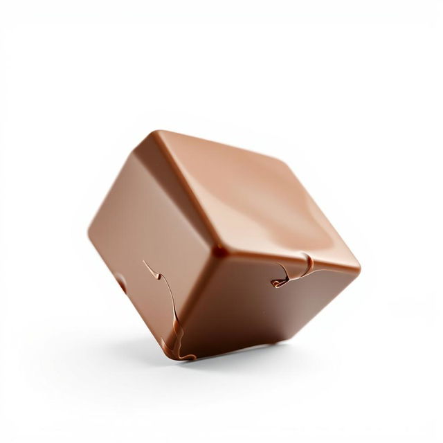 A realistic chocolate cube soaring gracefully through a clean white background, capturing the rich, glossy texture of the chocolate and the play of light on its surfaces, showcasing its deep brown color, with a sense of motion as it glides smoothly, evoking a feeling of elegance and indulgence