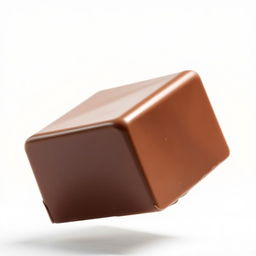 A realistic chocolate cube soaring gracefully through a clean white background, capturing the rich, glossy texture of the chocolate and the play of light on its surfaces, showcasing its deep brown color, with a sense of motion as it glides smoothly, evoking a feeling of elegance and indulgence