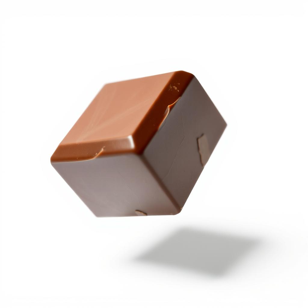 A realistic chocolate cube soaring gracefully through a clean white background, capturing the rich, glossy texture of the chocolate and the play of light on its surfaces, showcasing its deep brown color, with a sense of motion as it glides smoothly, evoking a feeling of elegance and indulgence