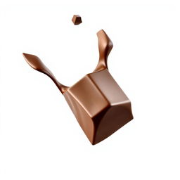 A realistic chocolate cube soaring gracefully through a clean white background, capturing the rich, glossy texture of the chocolate and the play of light on its surfaces, showcasing its deep brown color, with a sense of motion as it glides smoothly, evoking a feeling of elegance and indulgence