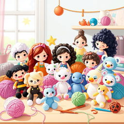 A beautifully detailed illustration showcasing a variety of crochet patterns inspired by iconic characters and whimsical creations