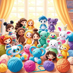A beautifully detailed illustration showcasing a variety of crochet patterns inspired by iconic characters and whimsical creations