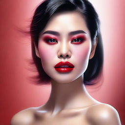 A high-quality digital art image capturing a beautiful Asian woman with full, pouty lips