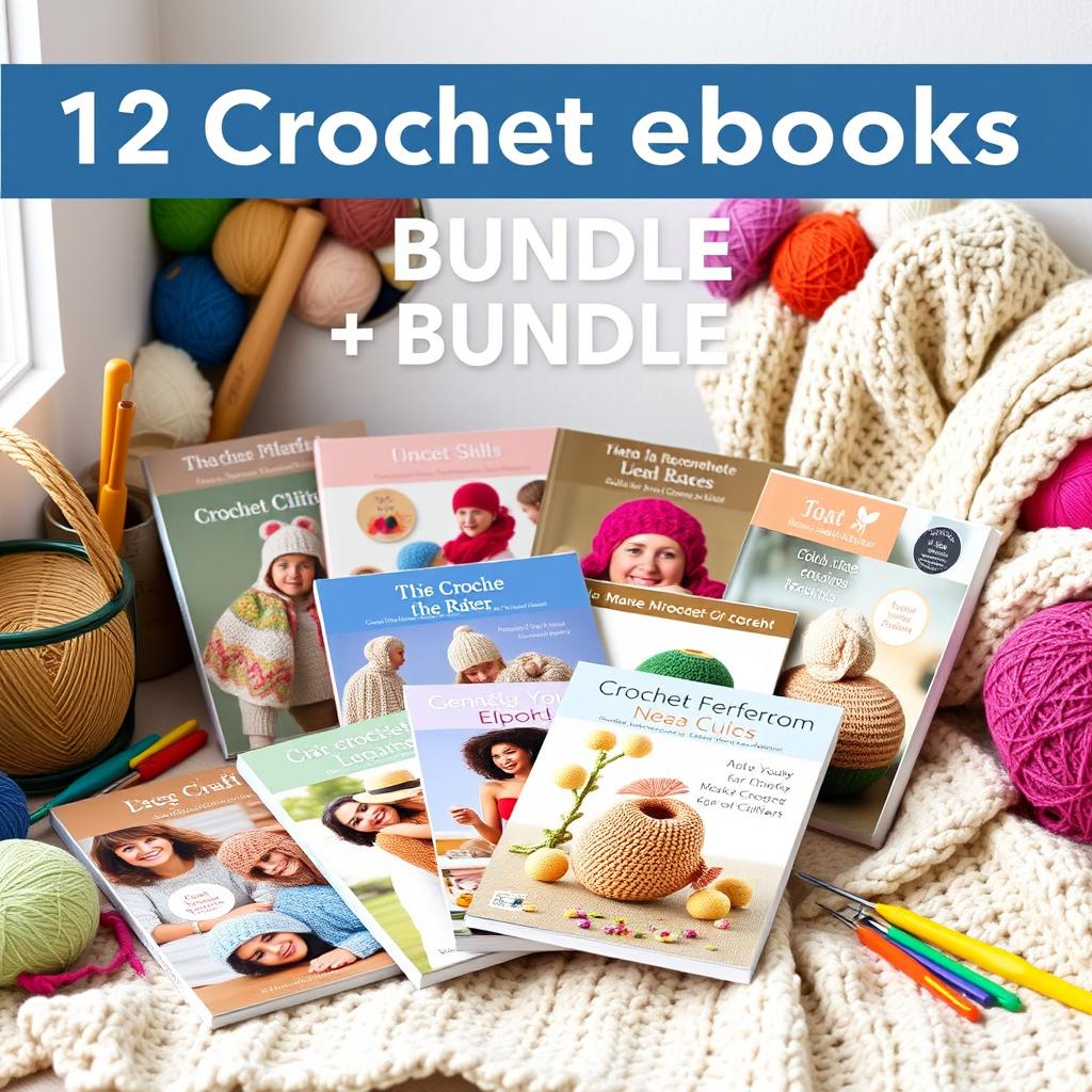 An eye-catching visual representation of a bundle containing 12 crochet eBooks