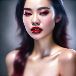 A high-quality digital art image capturing a beautiful Asian woman with full, pouty lips