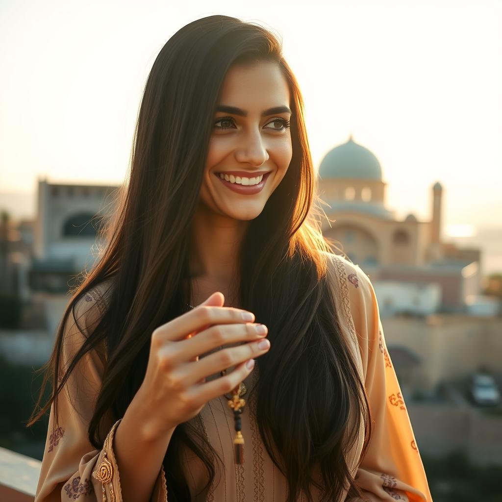 A beautiful Syrian woman with a radiant smile, featuring long dark hair, wearing a flowing traditional dress