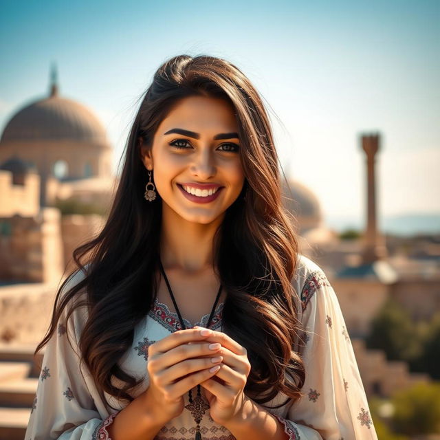 A beautiful Syrian woman with a radiant smile, featuring long dark hair, wearing a flowing traditional dress