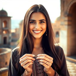 A beautiful Syrian woman with a radiant smile, featuring long dark hair, wearing a flowing traditional dress