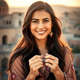 A beautiful Syrian woman with a radiant smile, featuring long dark hair, wearing a flowing traditional dress