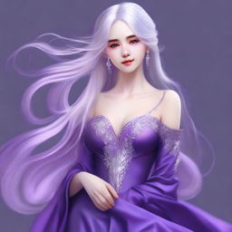 A digital art image of a cute girl with long, flowing silver hair