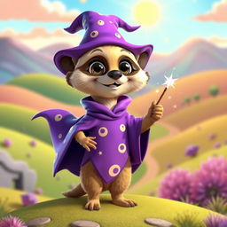 A 3D cartoon-style meerkat wizard with a whimsical design, wearing a flowing purple robe adorned with stars and moons