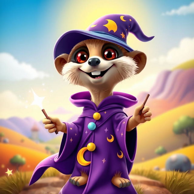 A 3D cartoon-style meerkat wizard with a whimsical design, wearing a flowing purple robe adorned with stars and moons