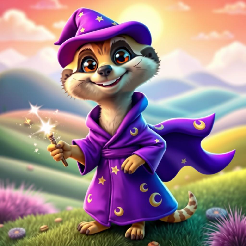 A 3D cartoon-style meerkat wizard with a whimsical design, wearing a flowing purple robe adorned with stars and moons