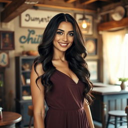 A stunning Syrian woman with long, wavy dark hair and a beautiful smile, standing in a vintage studio located in an old town