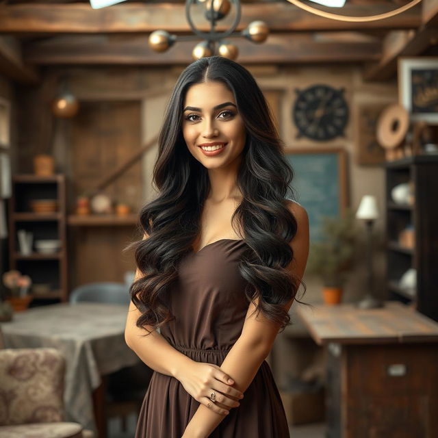 A stunning Syrian woman with long, wavy dark hair and a beautiful smile, standing in a vintage studio located in an old town