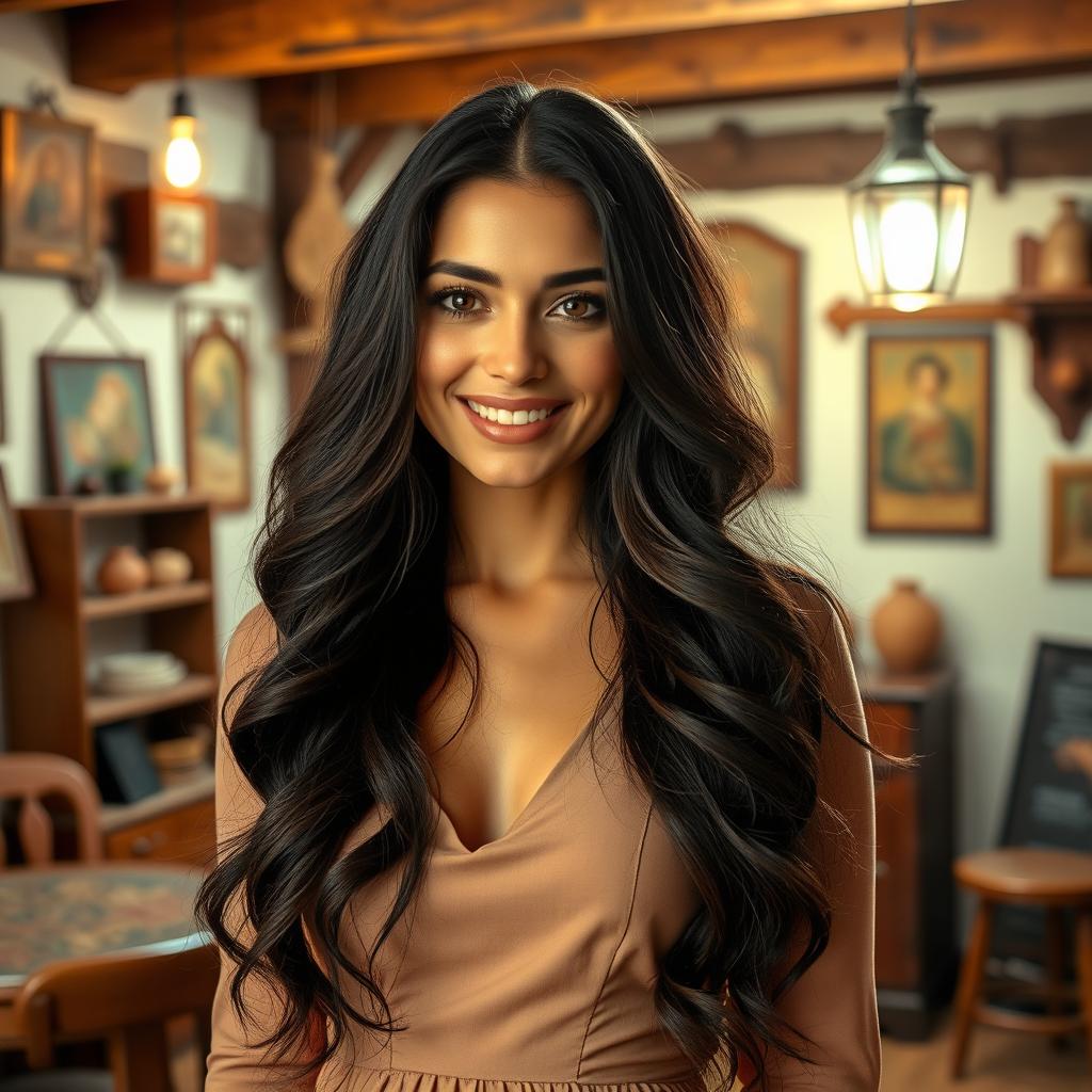 A stunning Syrian woman with long, wavy dark hair and a beautiful smile, standing in a vintage studio located in an old town