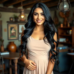 A stunning Syrian woman with long, wavy dark hair and a beautiful smile, standing in a vintage studio located in an old town