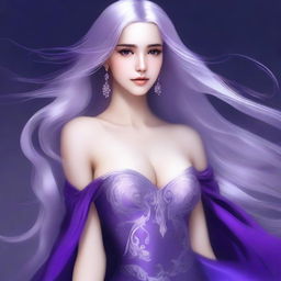 A digital art image of a cute girl with long, flowing silver hair