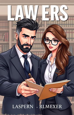 A book cover illustration featuring a man and woman in a professional setting