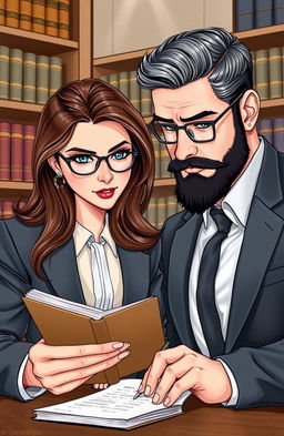 A book cover illustration featuring a man and woman in a professional setting