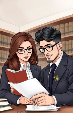 A book cover illustration featuring a man and woman in a professional setting