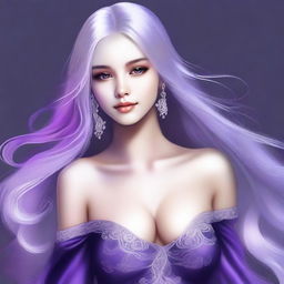 A digital art image of a cute girl with long, flowing silver hair