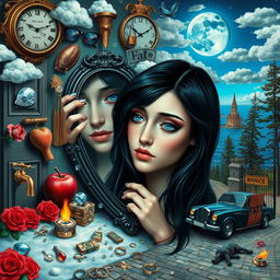 A stunning young woman with beautiful black hair and crystal blue eyes, crying softly as she gazes into a heart-shaped mirror