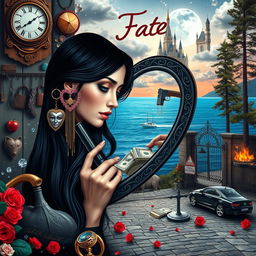 A stunning young woman with beautiful black hair and crystal blue eyes, crying softly as she gazes into a heart-shaped mirror