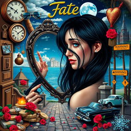 A stunning young woman with beautiful black hair and crystal blue eyes, crying softly as she gazes into a heart-shaped mirror