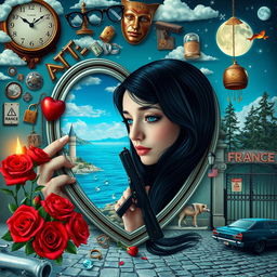 A stunning young woman with beautiful black hair and crystal blue eyes, crying softly as she gazes into a heart-shaped mirror