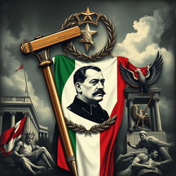 A detailed representation of fascist Italy symbolism, featuring the Roman fasces, an ancient symbol of authority symbolizing power and strength