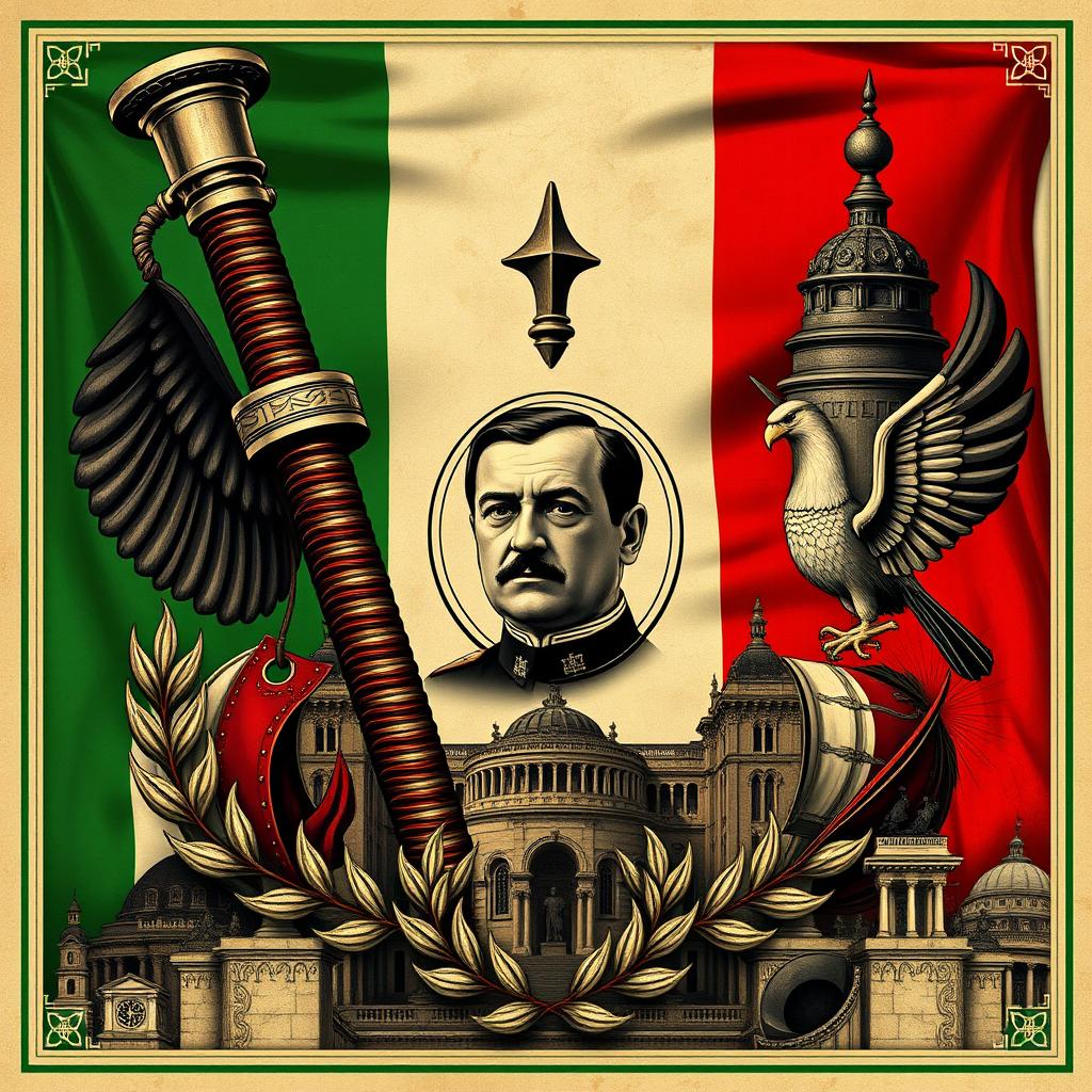 A detailed representation of fascist Italy symbolism, featuring the Roman fasces, an ancient symbol of authority symbolizing power and strength