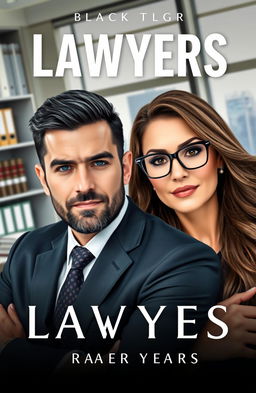 A cover design for a book featuring a man and a woman who are both lawyers in a professional office setting